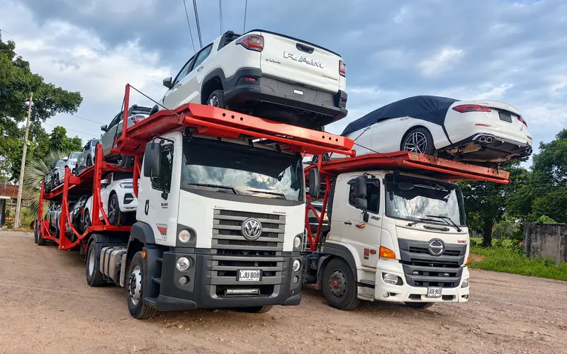 Dos camiones niñera con plataformas rojas cargados con carros y camionetas.